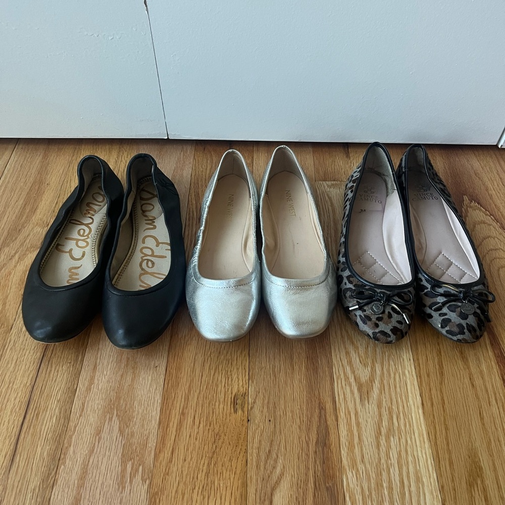 3 pairs leather flats. Size 7.